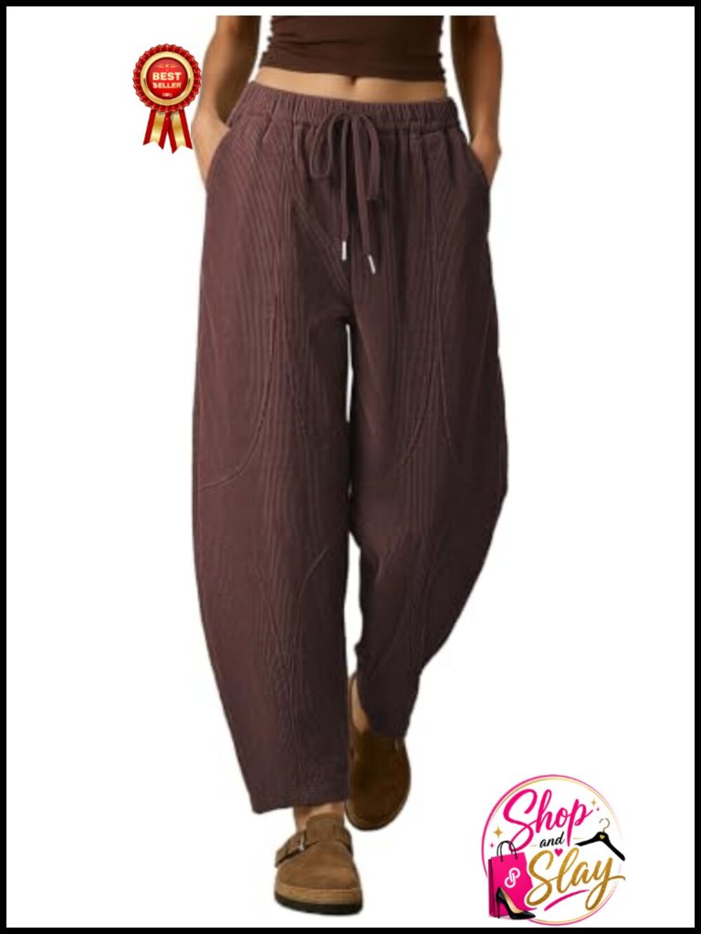 Womens Corduroy Harem Barrel Pants High Rise Drawstring Pockets